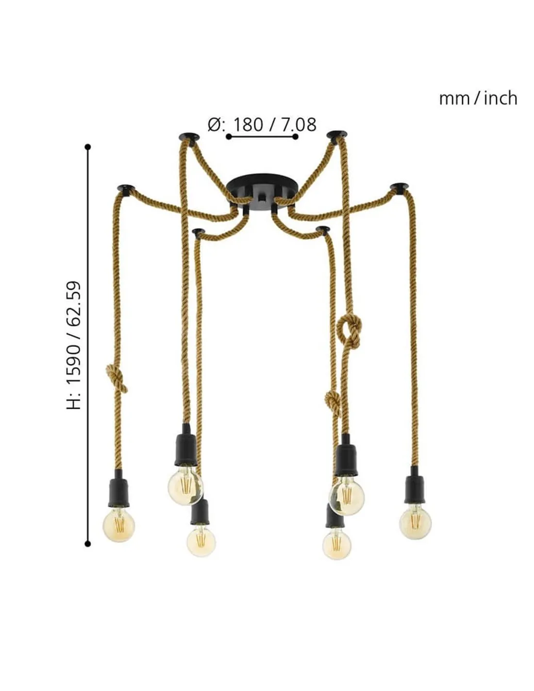 Lampe à suspension RAMPSIDE avec 6 douilles et cordes de chanvre, E27 | LéonLeds