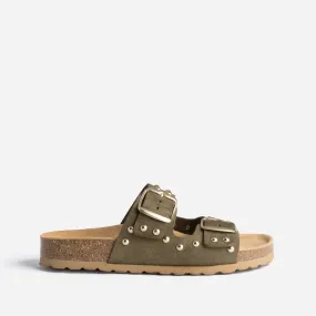 Mule TEXTO anatomique kaki en cuir velours éco-conçu à clous  - Mules / Tongs Femme | ERAM